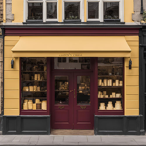 image of the front of Ashton's Cheese store, it has a dark wine red and pale mustard yellow colour theme